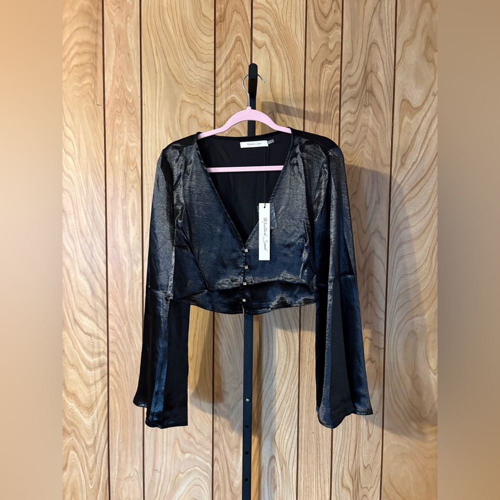 Black Satin Cropped Bell Sleeve Rhinestone Button-Front Top